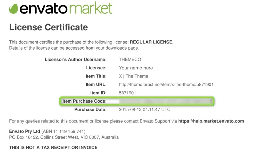 An Envato Market License Certificate PDF for a regular license, listing licensor, licensee, item title, item URL, item ID and purchase date; the "Item Purchase Code" row is highlighted with its value blanked out.