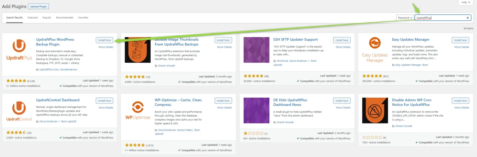The WordPress Add Plugins screen with "updraft" typed in the search field, a green arrow pointing at it, and UpdraftPlus WordPress Backup Plugin as the first result among other UpdraftPlus add-ons.