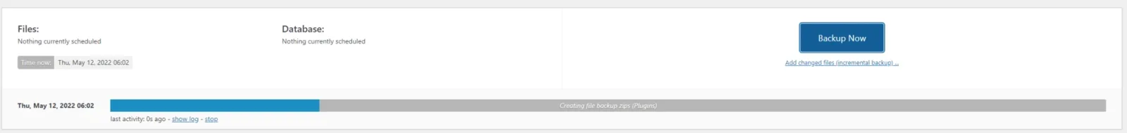 A backup in progress: a blue progress bar labelled "Creating file backup zip (Plugins)" under the backup date, with links to show the log or stop.