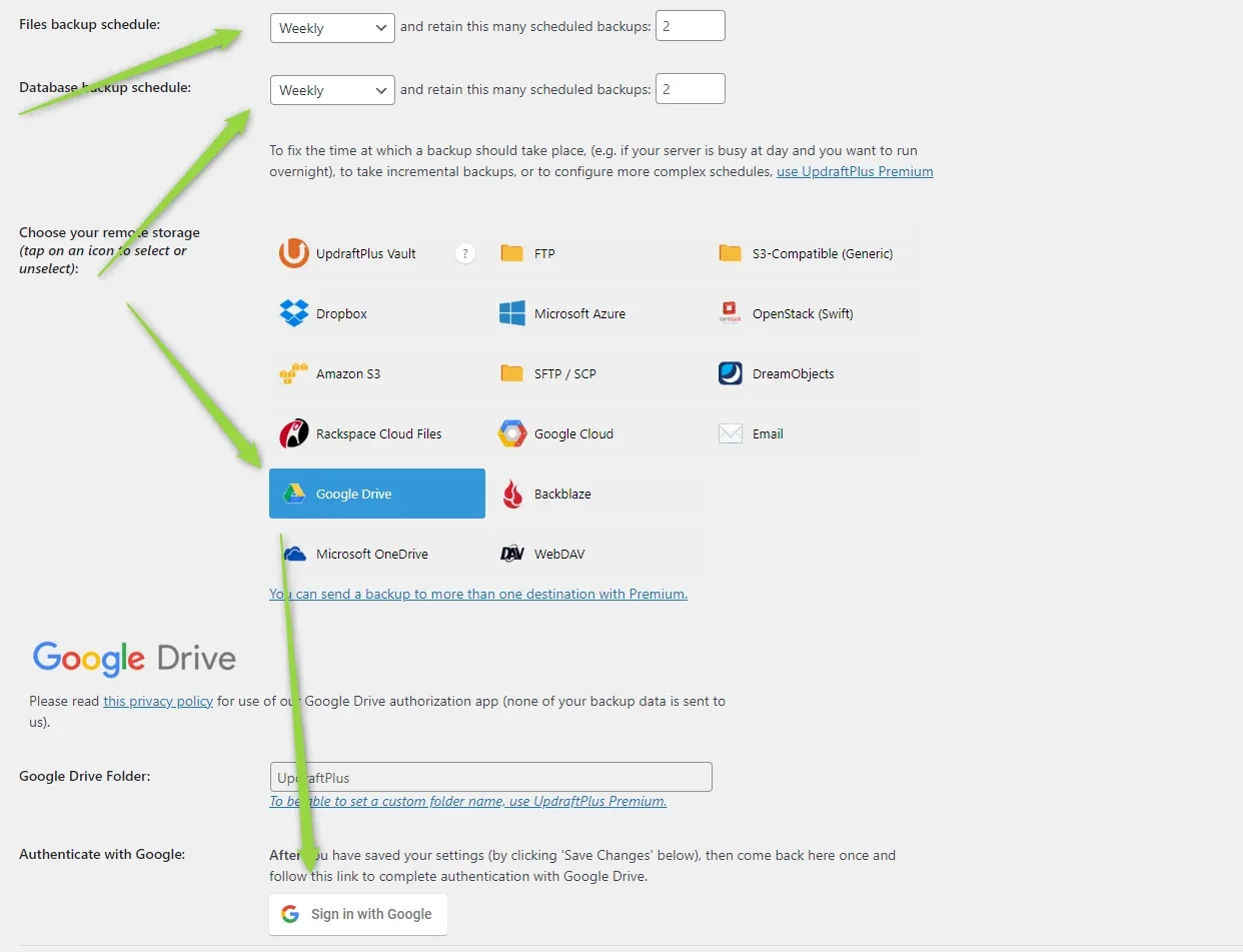 The same settings with both schedules changed to Weekly and Google Drive selected as remote storage; below, the Google Drive panel asks you to sign in with Google. Green arrows point at the schedule dropdowns and the Google Drive option.
