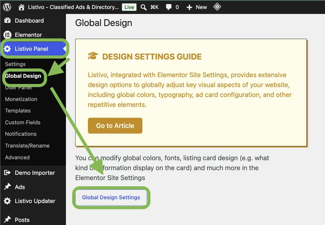 The Global Design screen in wp-admin with a Design Settings Guide box; arrows point at Listivo Panel and Global Design in the sidebar and at the Global Design Settings link below the text.
