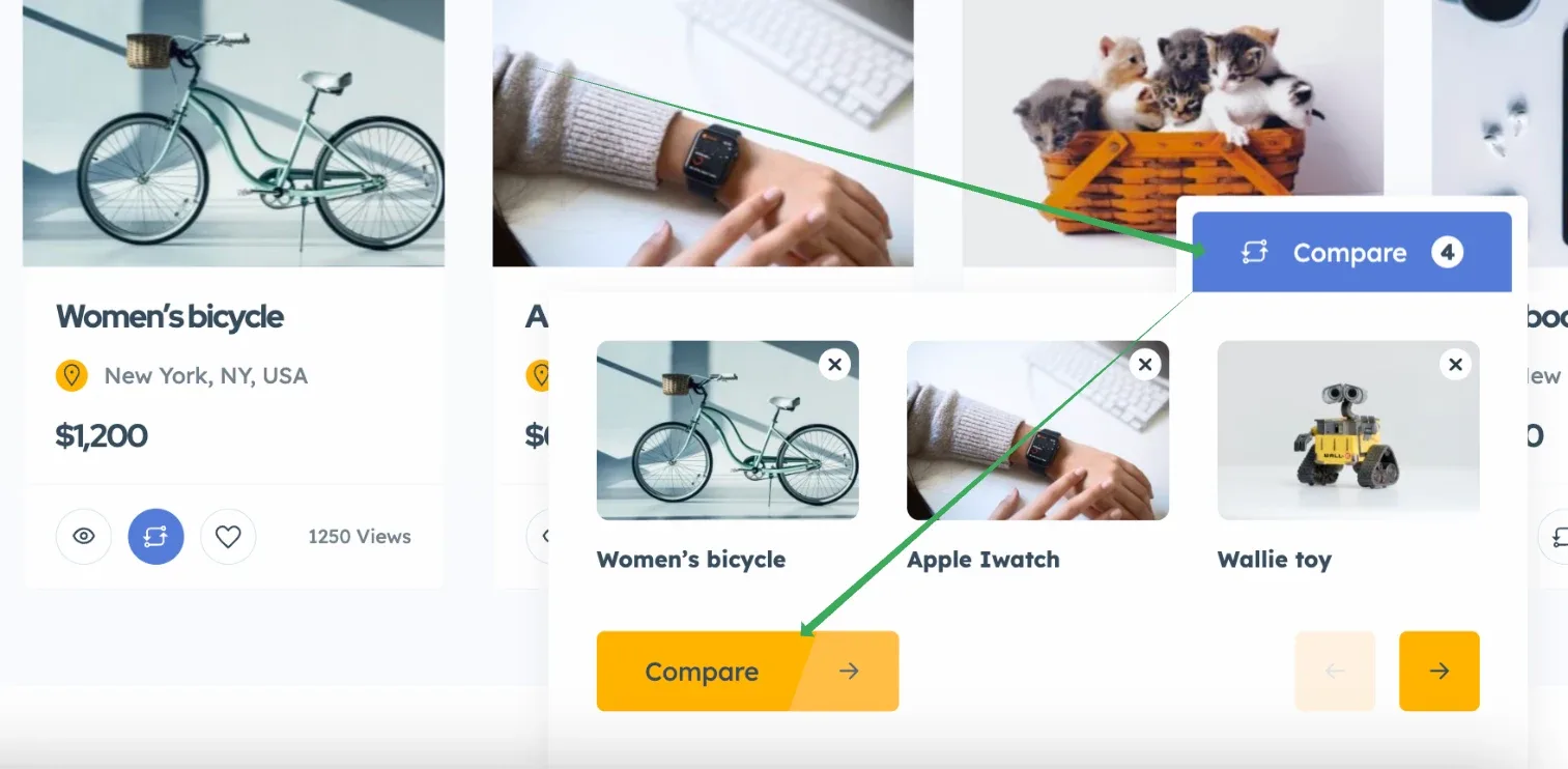 The floating compare bar open over a search page with three saved listings — Women's bicycle, Apple Iwatch and Wallie toy — and a Compare button, linked by an arrow to the Compare counter above it.