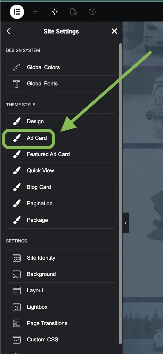 Elementor's Site Settings panel showing the Theme Style list — Design, Ad Card, Featured Ad Card, Quick View, Blog Card, Pagination and Package — with Ad Card circled and an arrow pointing at it.