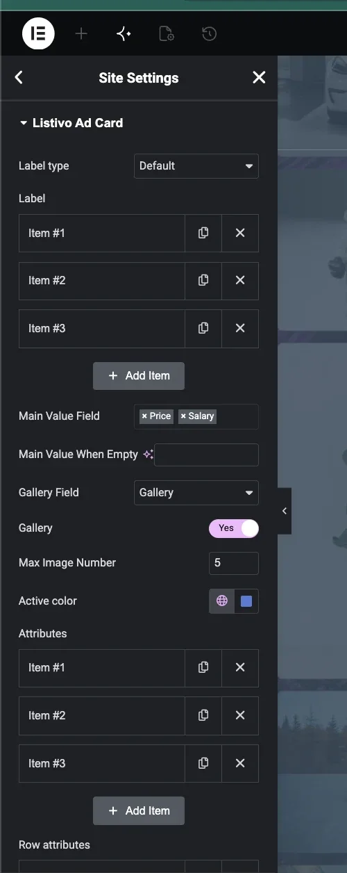 The Listivo Ad Card panel with Label type, three Label items, Main Value Field set to Price and Salary, Gallery Field, a Gallery toggle set to Yes, Max Image Number 5, Active color and three Attributes items.