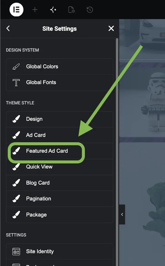 The same Site Settings Theme Style list with Featured Ad Card circled and an arrow pointing at it.