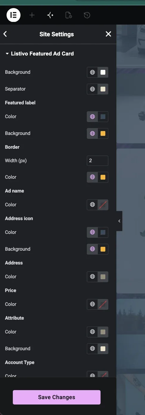 The Listivo Featured Ad Card panel with colour pickers for Background, Separator, Featured label, Border width and colour, Ad name, Address icon, Address, Price, Attribute and Account Type, above a Save Changes button.