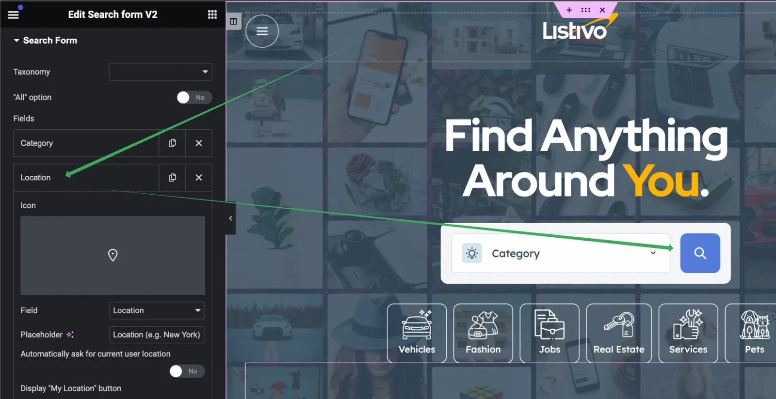 The Elementor Edit Search Form V2 panel listing the Category and Location fields with Location expanded, and arrows pointing at the search bar in the preview, which shows only a Category select and a search button.