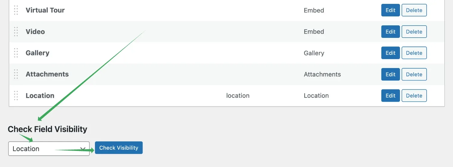 The end of the custom fields list — Virtual Tour, Video, Gallery, Attachments and Location — above a Check Field Visibility box; arrows point at the select, set to Location, and at the Check Visibility button.
