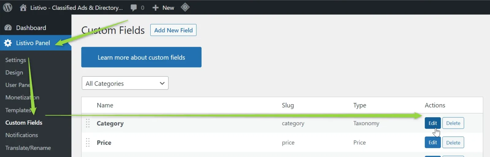 The Custom Fields screen in wp-admin listing the Category and Price fields; arrows point at Listivo Panel and Custom Fields in the sidebar and at the Edit button on the Category row.