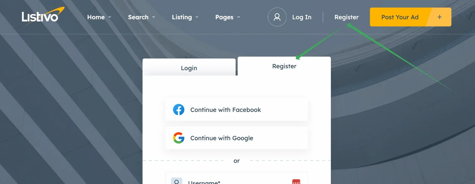 The site header with Log In and Register links above the login page, which shows Login and Register tabs with Continue with Facebook and Continue with Google buttons; arrows connect the header links to the Register tab.