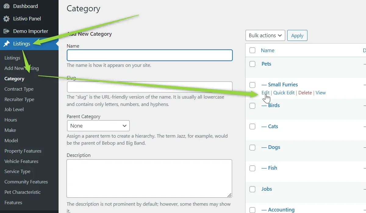The Listings > Category taxonomy screen, with the Add New Category form on the left and the term list on the right; arrows point at Listings and Category in the sidebar and at the Edit link under the Small Furries term.