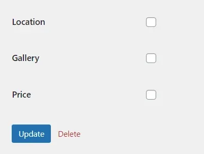 A term's field dependency options — Location, Gallery and Price — with every checkbox empty, above a blue Update button and a Delete link.