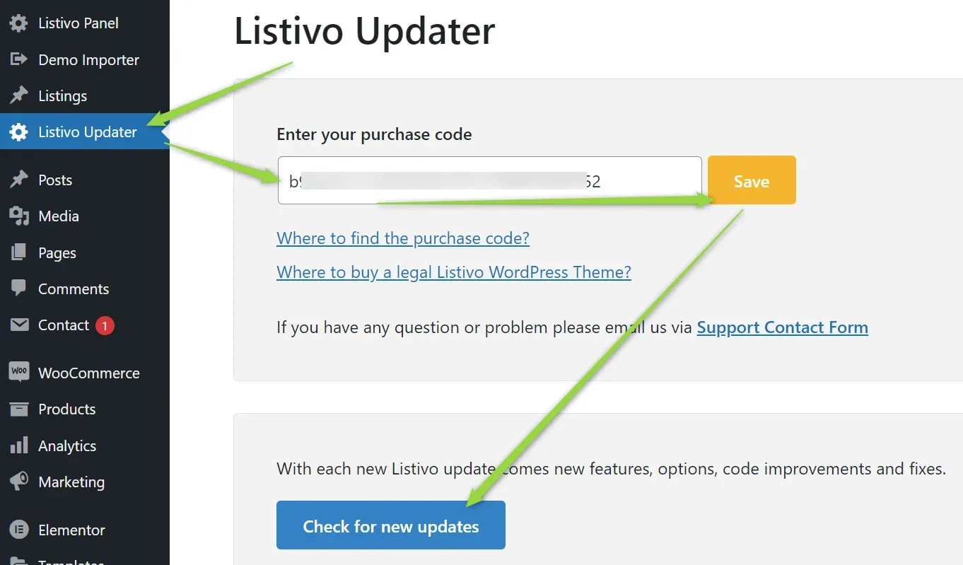 The Listivo Updater page in wp-admin: a purchase code field with a yellow Save button and a blue Check for new updates button below; arrows point at Listivo Updater in the sidebar, at the code field, at Save and at the button.