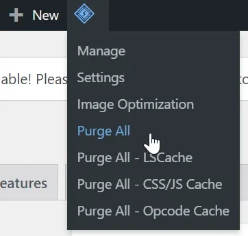 The LiteSpeed Cache menu open in the WordPress admin bar, listing Manage, Settings, Image Optimization, Purge All, Purge All - LSCache, Purge All - CSS/JS Cache and Purge All - Opcode Cache, with the cursor on Purge All.