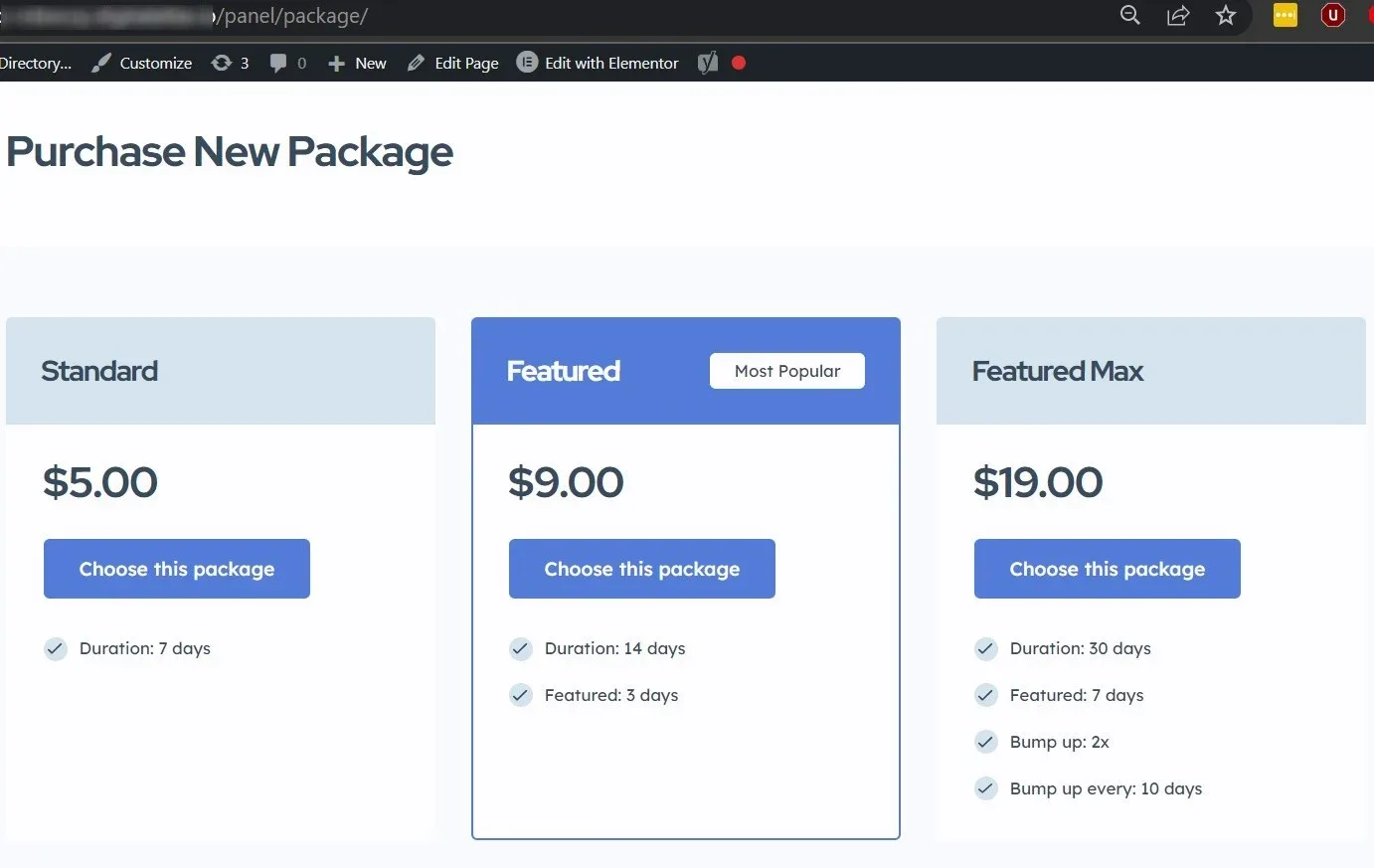 A "Purchase New Package" page with three cards: Standard at $5.00, Featured at $9.00 marked "Most Popular" and highlighted in blue, and Featured Max at $19.00, each listing its duration above a "Choose this package" button.