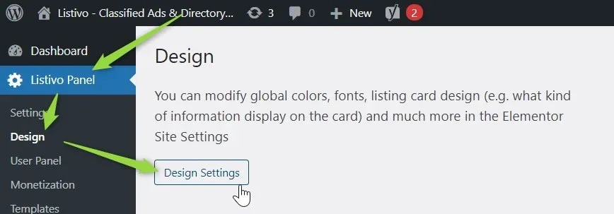 The Design screen of the Listivo Panel, explaining that global colors, fonts and listing card design live in the Elementor Site Settings, with the cursor on the "Design Settings" button.