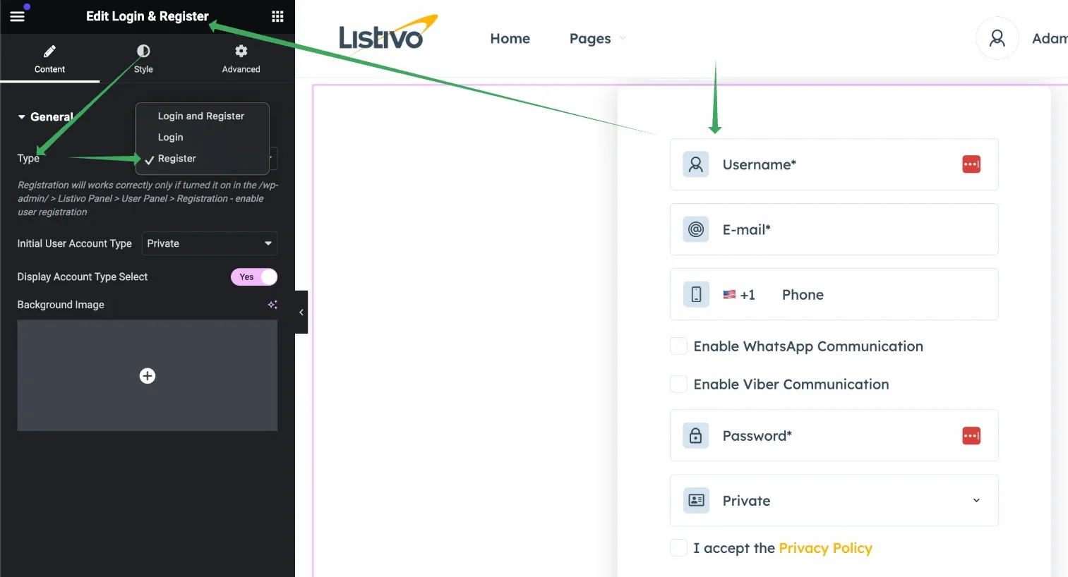 The Login & Register widget open in Elementor with the Type dropdown showing Login and Register, Login, and Register; the registration form on the right has Username, E-mail, Phone, Password and account type fields.