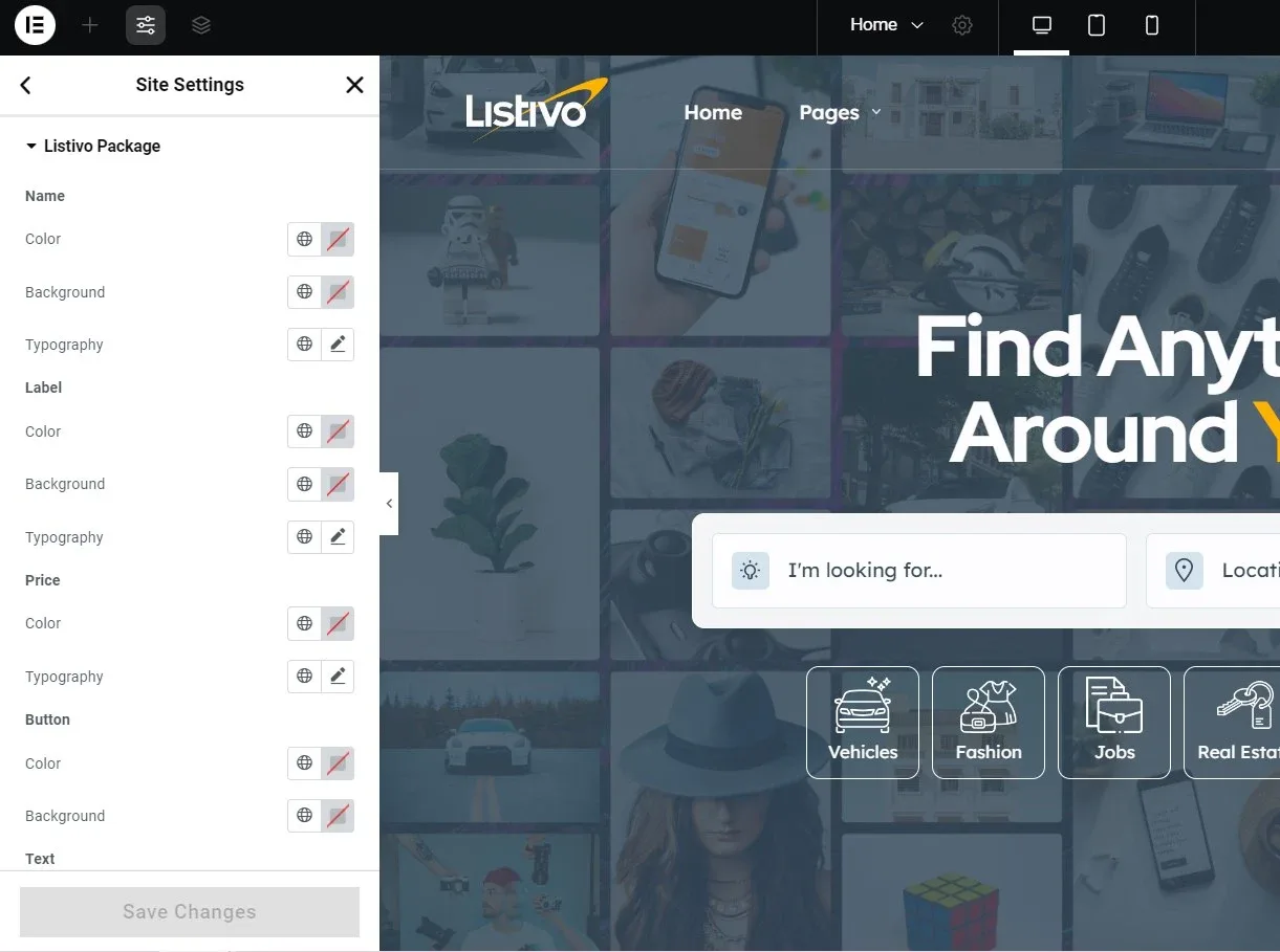 The "Listivo Package" section of Site Settings, with color, background and typography controls grouped under Name, Label, Price, Button and Text, and a Save Changes button at the bottom.