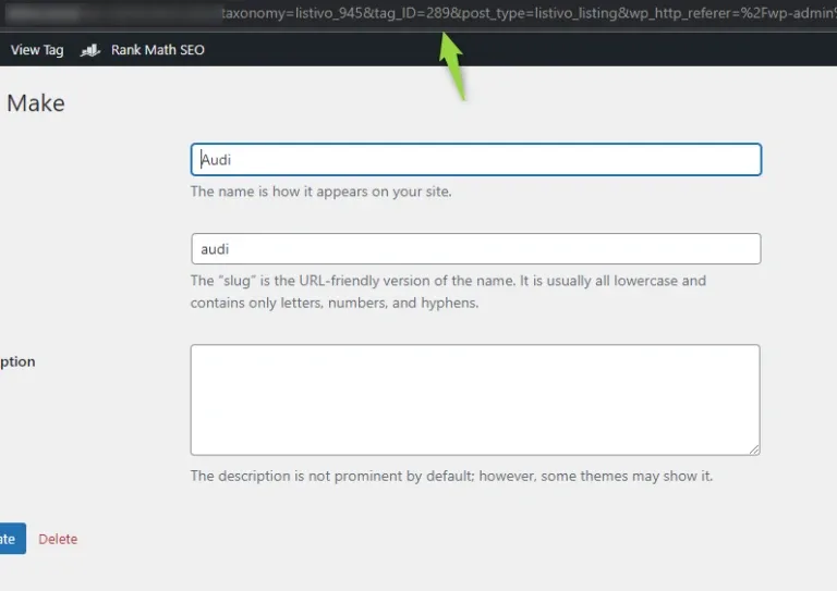The Edit Make screen for the term Audi, with a green arrow pointing at the address bar, which reads taxonomy=listivo_945&tag_ID=289&post_type=listivo_listing.