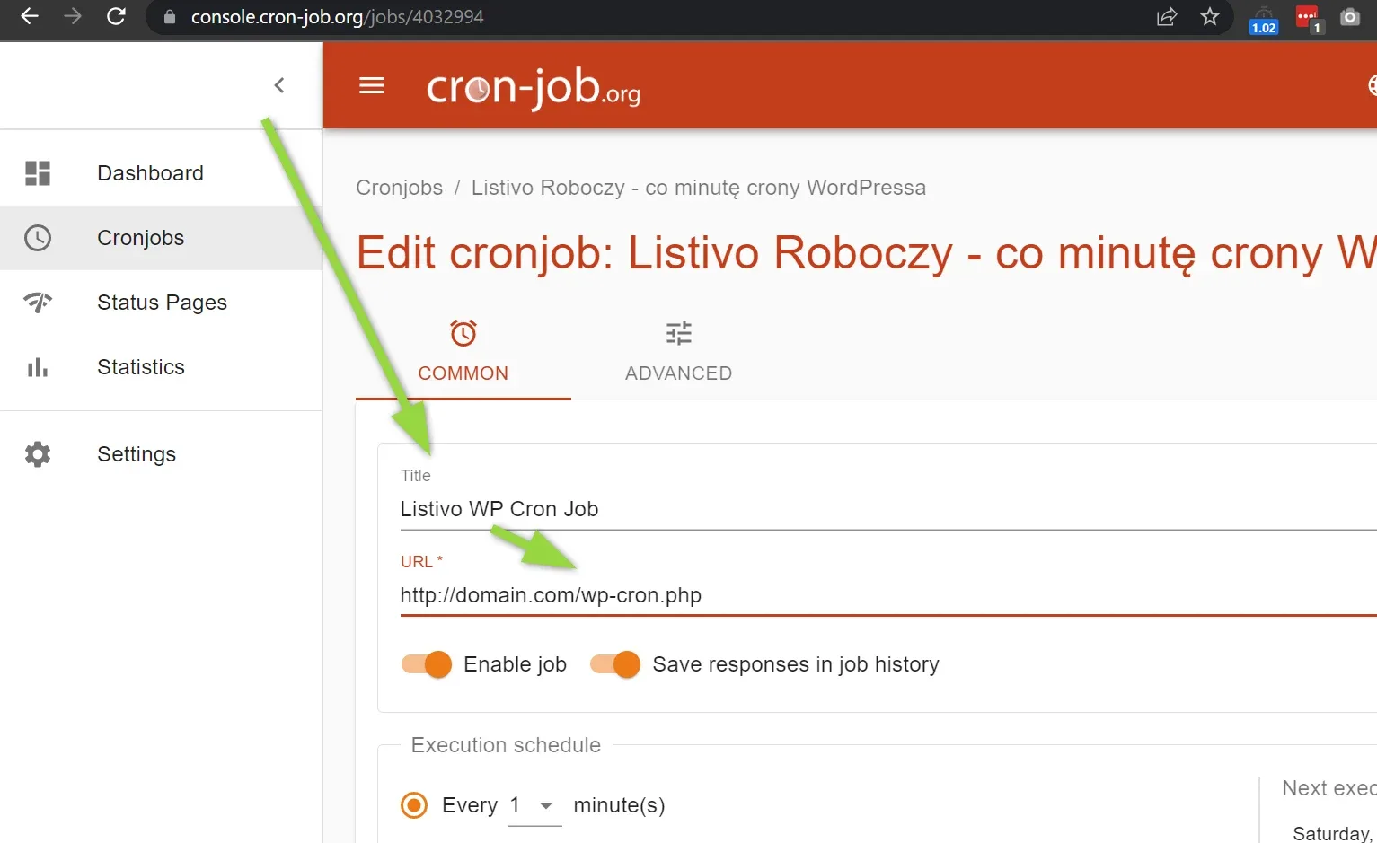 The cron-job.org cronjob editor: green arrows point at the Title field, filled in as "Listivo WP Cron Job", and at the URL field containing http://domain.com/wp-cron.php. Enable job is on and the schedule is set to every 1 minute.