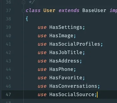 Source of the User class, which extends BaseUser and uses the HasSettings, HasImage, HasSocialProfiles, HasJobTitle, HasAddress, HasPhone, HasFavorite, HasConversations and HasSocialSource traits.