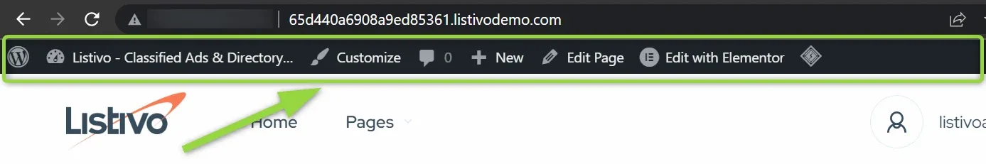The front end of a Listivo site with the black WordPress admin bar at the top outlined in green: the site name "Listivo - Classified Ads & Directory", Customize, comments, + New, Edit Page and Edit with Elementor.