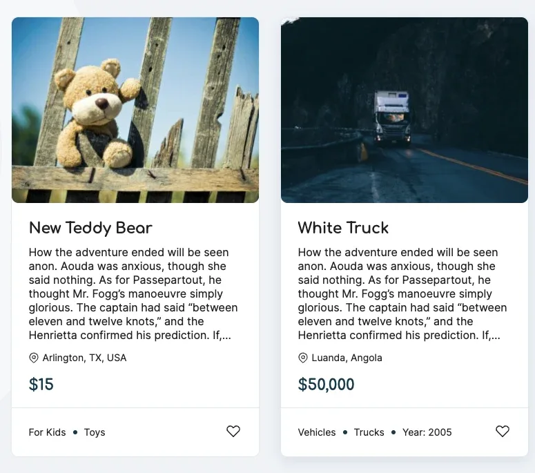 Two ad cards side by side, "New Teddy Bear" ($15, Arlington, TX, USA) and "White Truck" ($50,000, Luanda, Angola), each showing a truncated description paragraph between the title and the location.