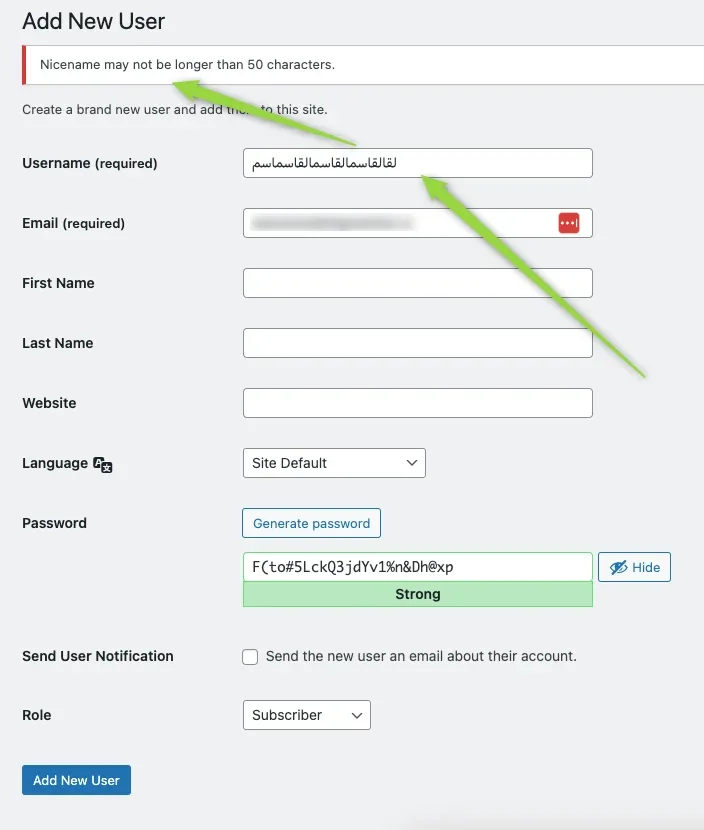 The WordPress Add New User screen with an Arabic username filled in and a red error notice at the top reading "Nicename may not be longer than 50 characters."