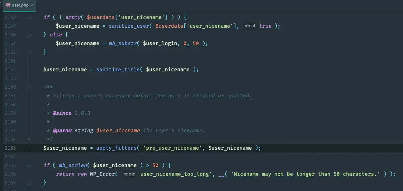 A code editor showing the user.php core file, where the nicename is built and sanitised, the pre_user_nicename filter is applied, and a following check returns a WP_Error with the code user_nicename_too_long.