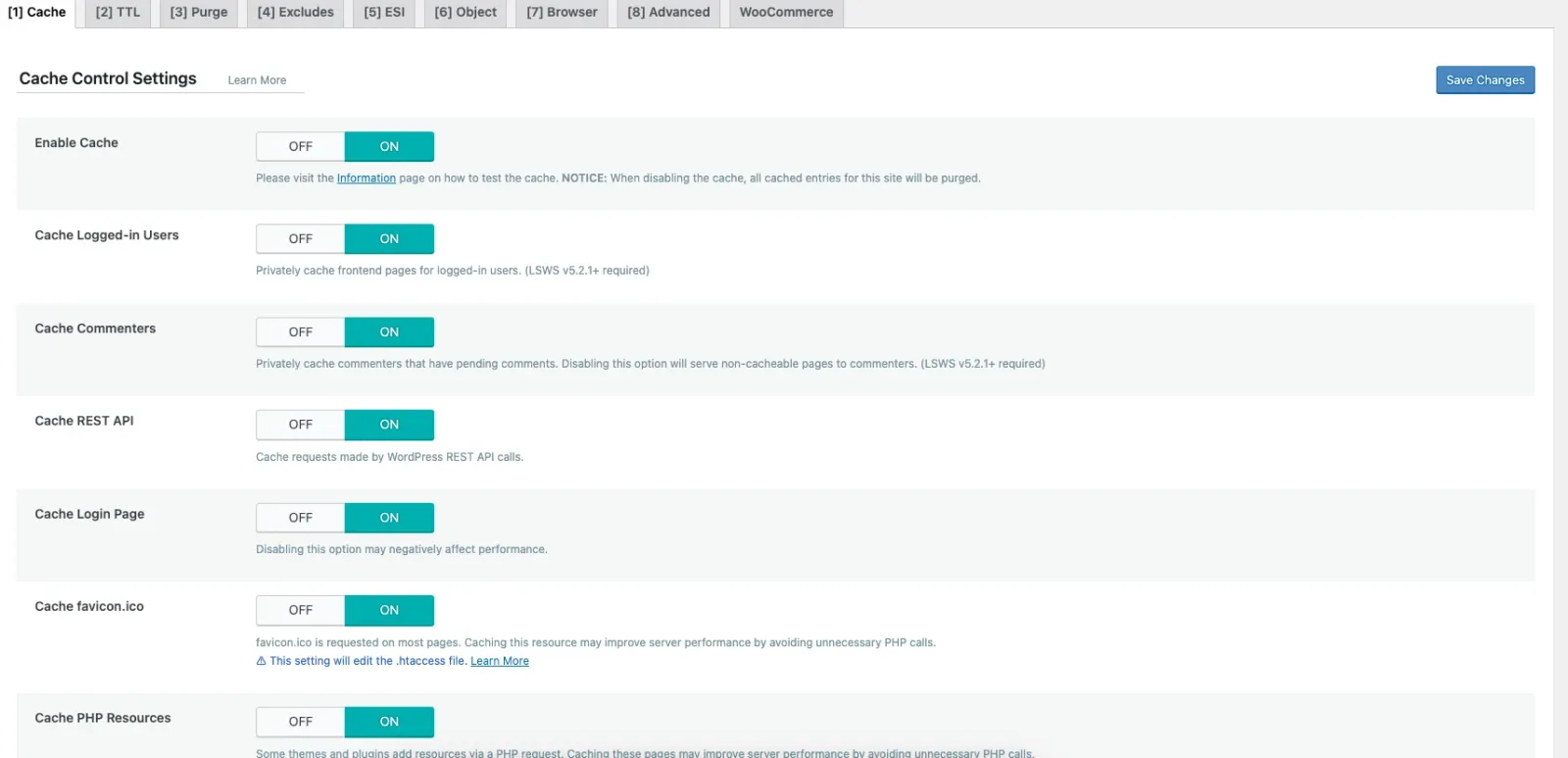 LiteSpeed Cache plugin, Cache tab: Cache Control Settings with Enable Cache, Cache Logged-in Users, Cache Commenters, Cache REST API, Cache Login Page, Cache favicon.ico and Cache PHP Resources all switched ON.