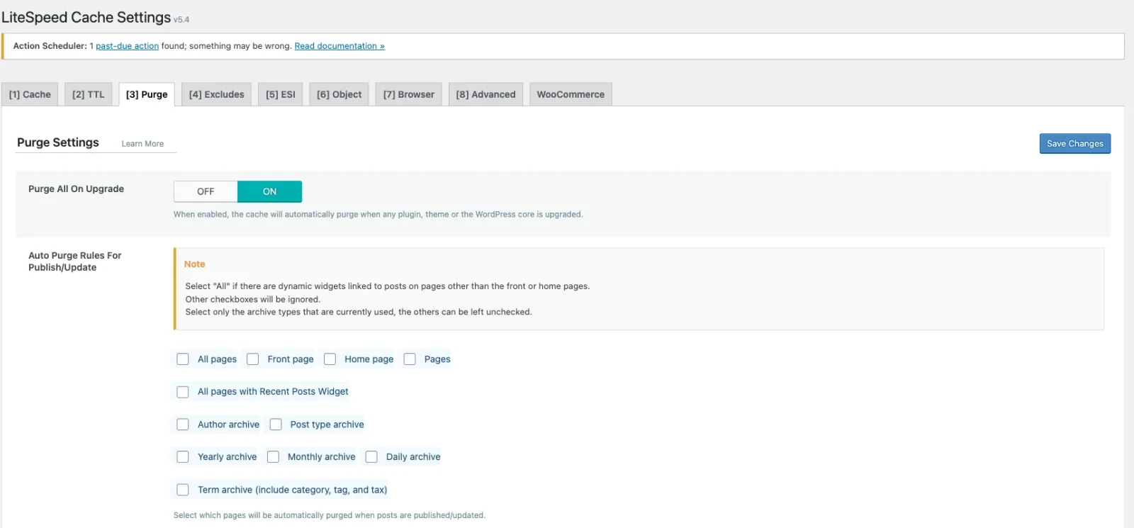 LiteSpeed Cache Settings v5.4, Purge tab: Purge All On Upgrade is ON, and every Auto Purge Rules For Publish/Update checkbox is left unticked.
