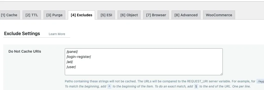 Excludes tab, Exclude Settings: the Do Not Cache URIs box lists /panel/, /login-register/, /ad/ and /user/ on separate lines.