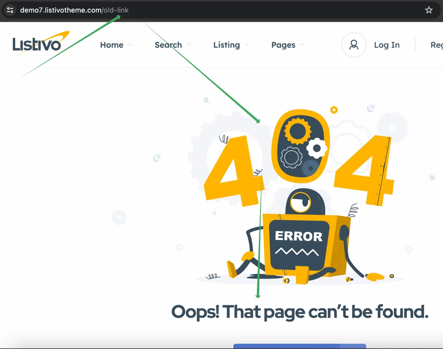 A browser at demo7.listivotheme.com/old-link showing the Listivo 404 page: a large 404 illustration with a robot and the line "Oops! That page can't be found."