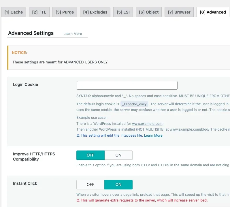 Advanced tab: the Login Cookie field is empty, Improve HTTP/HTTPS Compatibility is OFF and Instant Click is ON.
