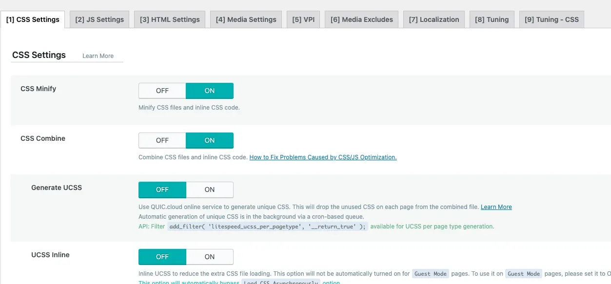 CSS Settings tab: CSS Minify and CSS Combine are ON, while Generate UCSS and UCSS Inline are OFF.