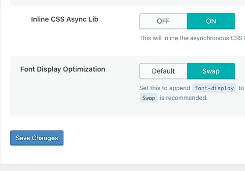 Lower part of the CSS settings: Inline CSS Async Lib is ON and Font Display Optimization is set to Swap.