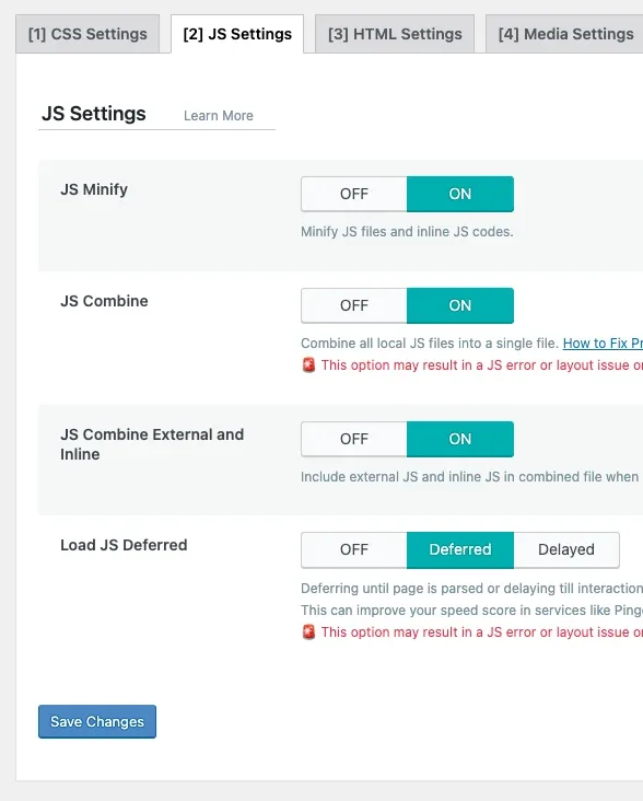 JS Settings tab: JS Minify, JS Combine and JS Combine External and Inline are ON, and Load JS Deferred is set to Deferred.