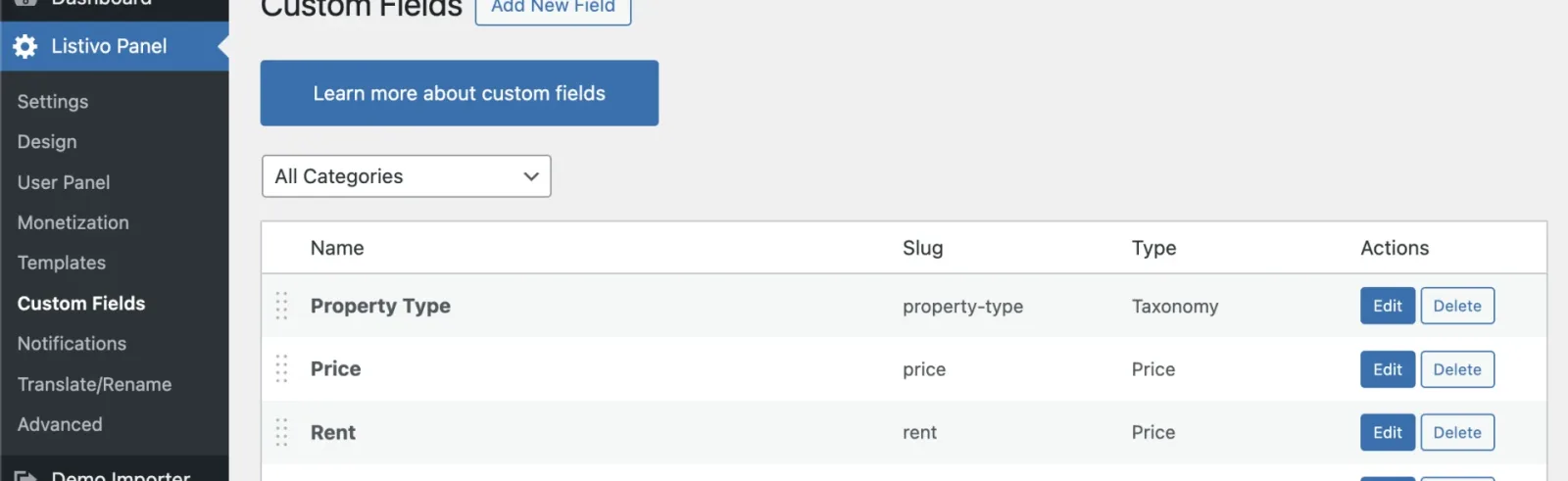 The Listivo Panel Custom Fields list showing Property Type of the Taxonomy type, plus Price and Rent, both of the Price type, each with Edit and Delete buttons.
