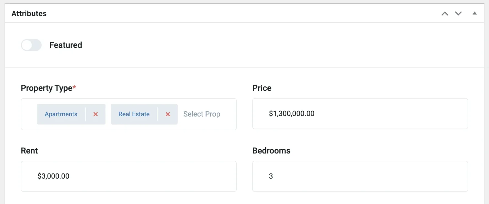 The Attributes box of an ad: Property Type is set to Apartments and Real Estate, Price is $1,300,000.00, Rent is $3,000.00, Bedrooms is 3, and the Featured toggle is off.