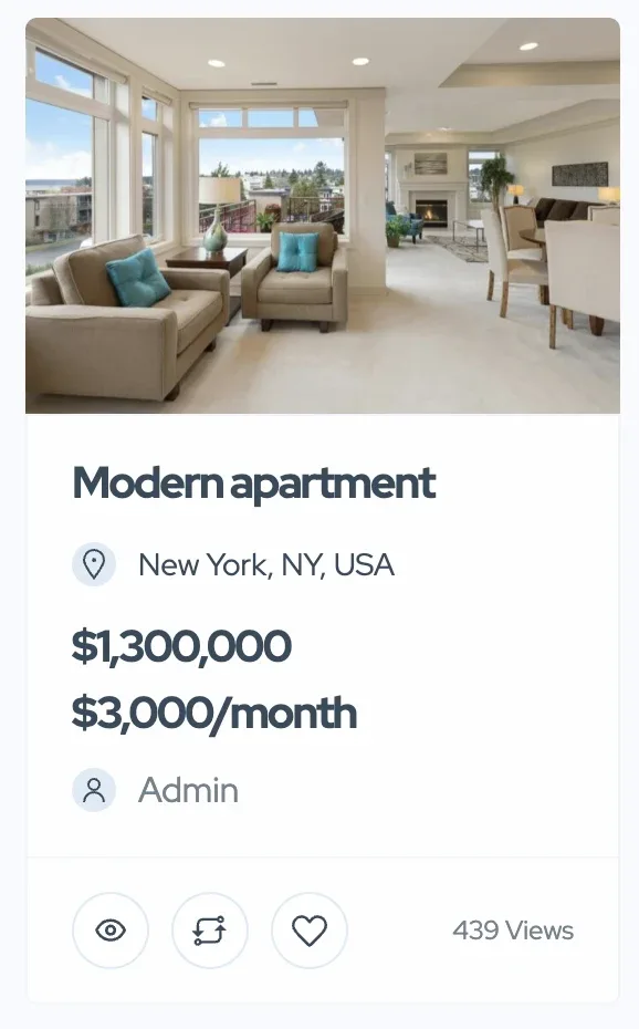 A listing card for "Modern apartment" in New York, NY, USA with two prices stacked under the title: $1,300,000 and $3,000/month, followed by the author Admin and 439 views.
