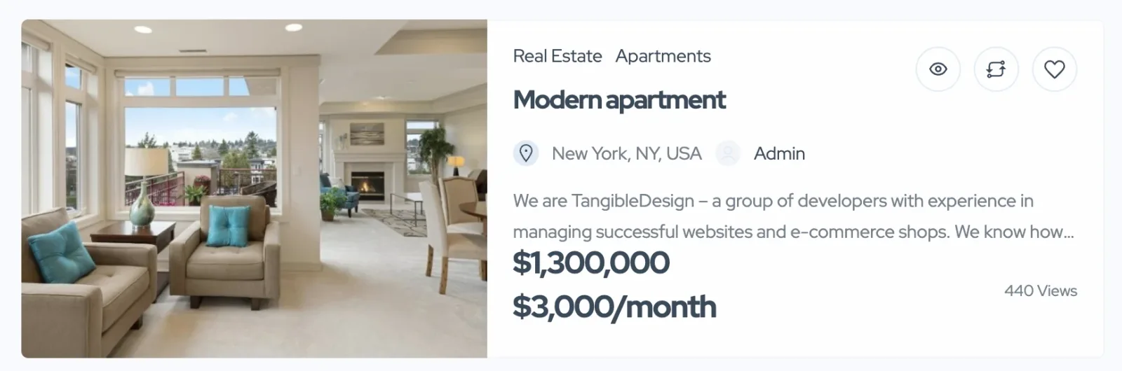 The row card for the same "Modern apartment" listing: photo on the left, then the categories, title, location, a description excerpt and the two prices $1,300,000 and $3,000/month, with 440 views.