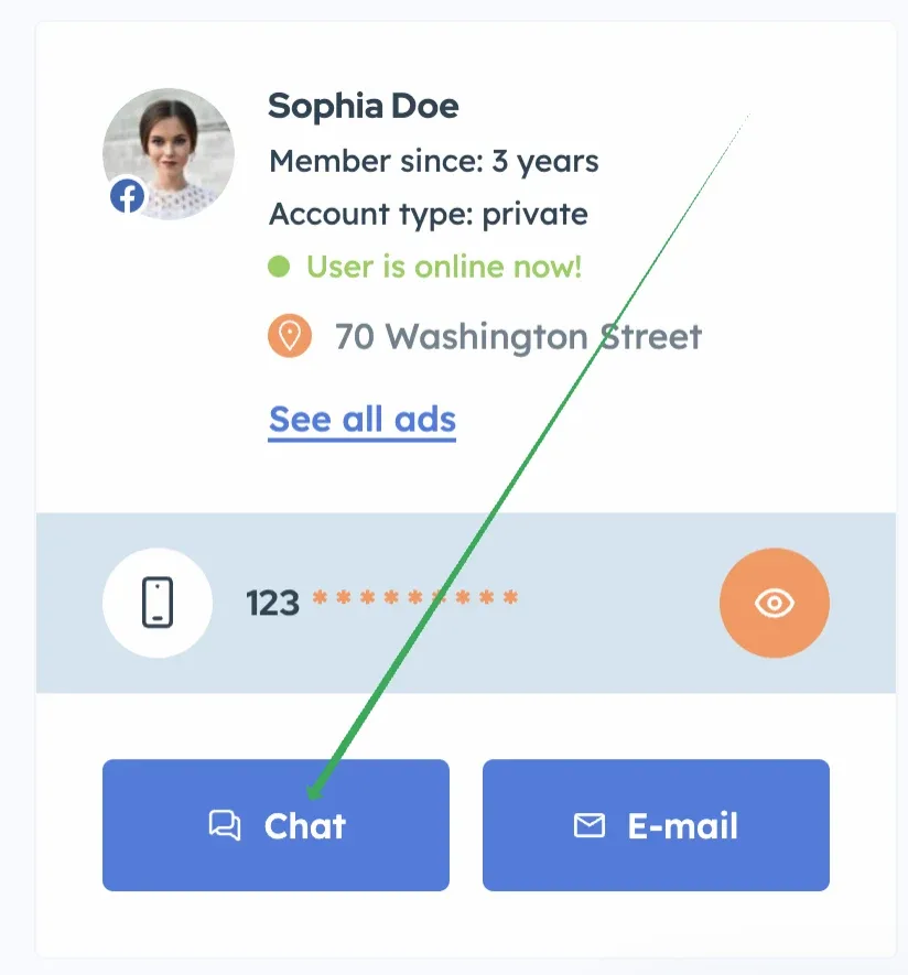 The user widget on a single ad page — Sophia Doe, member since 3 years, private account, online now, address and See all ads link, a masked phone number, and Chat and E-mail buttons — with the arrow pointing at the Chat button.
