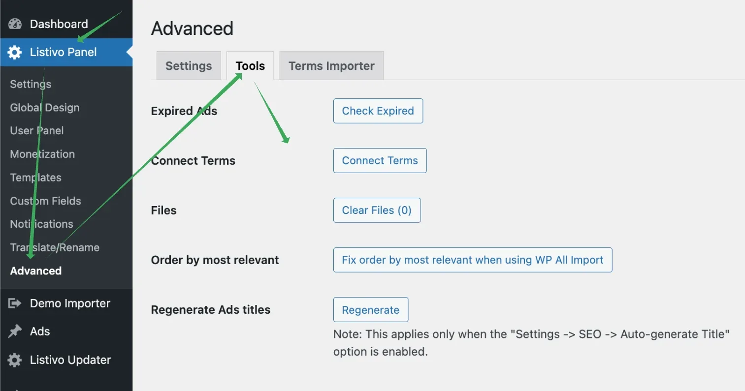 Listivo Panel > Advanced, Tools tab: buttons for Check Expired, Connect Terms, Clear Files (0), Fix order by most relevant when using WP All Import, and Regenerate, with a note that Regenerate needs Auto-generate Title enabled.