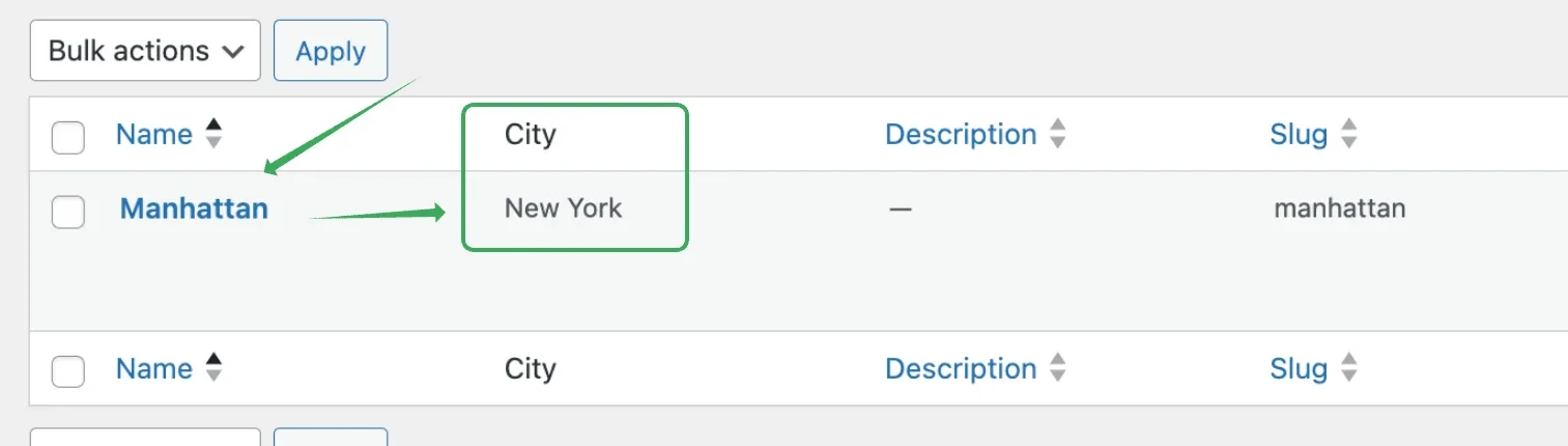 The same term list after the fix: the City column for Manhattan now reads New York, highlighted with a green box and arrows.