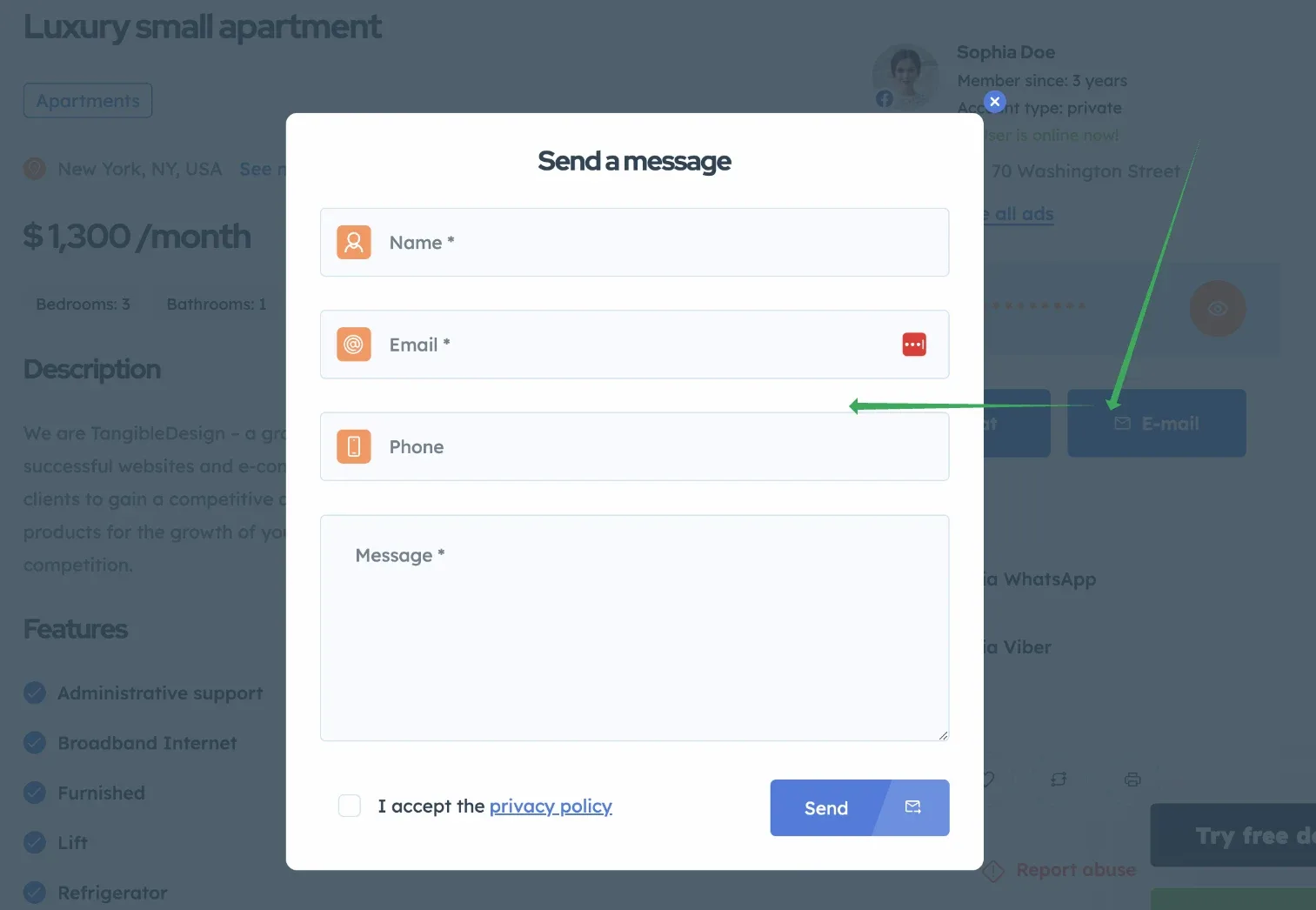 A "Send a message" popup over a listing page, with Name, Email, Phone and Message fields, an "I accept the privacy policy" checkbox and a Send button.