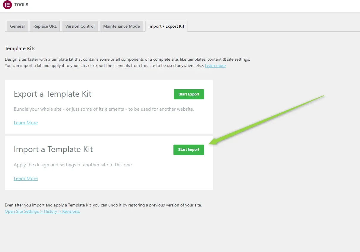 The Elementor Tools screen on the Import / Export Kit tab, with an arrow pointing at the green Start Import button in the Import a Template Kit panel