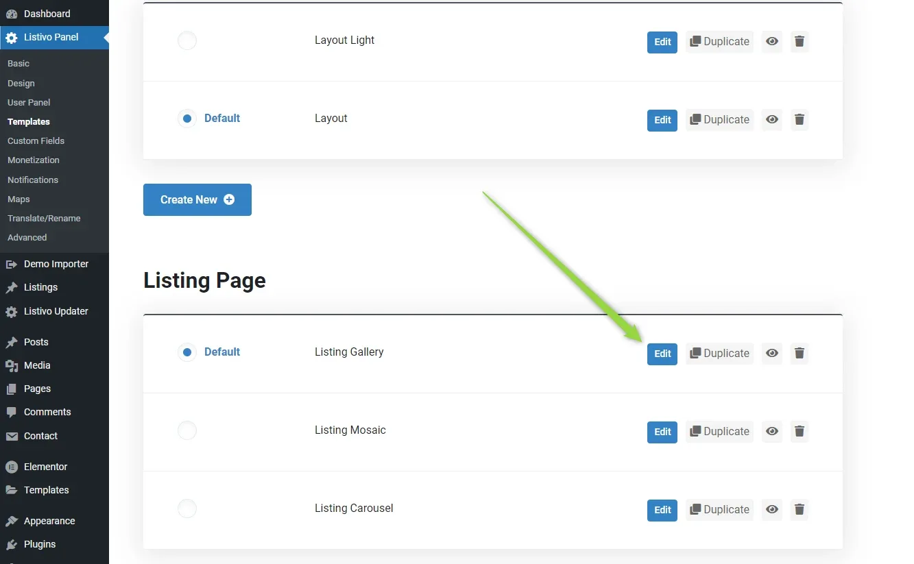 The Listivo Panel Templates screen with a Listing Page section listing Listing Gallery, Listing Mosaic and Listing Carousel, and an arrow pointing at the Edit button of Listing Gallery