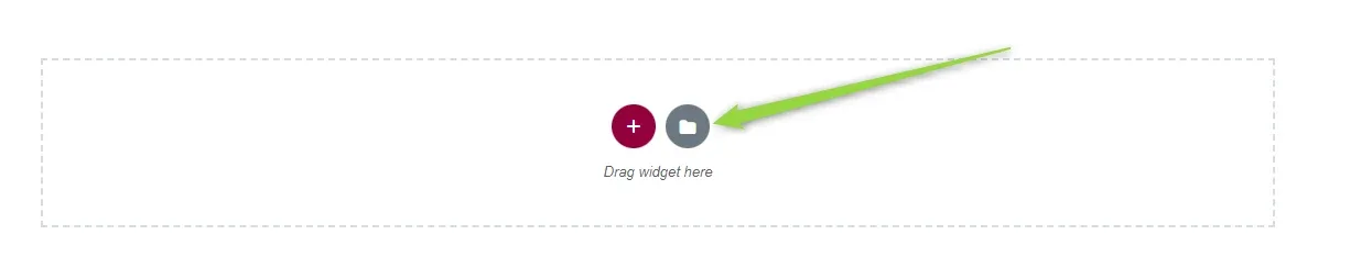 An empty Elementor canvas showing the add-section plus button and the grey folder button, with an arrow pointing at the folder
