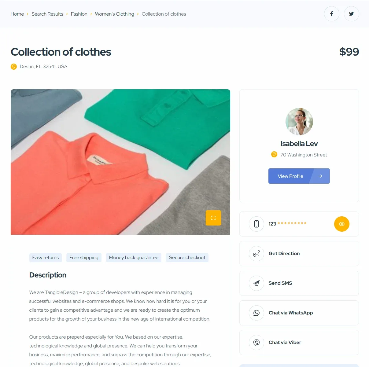 A single listing page titled Collection of clothes at $99, with a photo gallery, a description and a sidebar holding the user profile, phone number, Get Direction, Send SMS and chat buttons