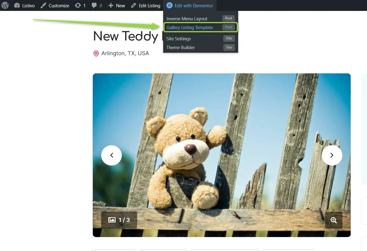 The WordPress admin bar on a single listing page with the Edit with Elementor menu open and Gallery Listing Template highlighted.